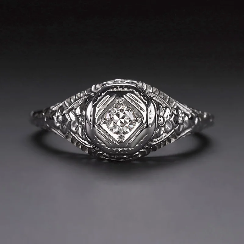 Women’s trendy engagement ring-ART DECO DIAMOND SOLITAIRE RING OLD EUROPEAN CUT 18K WHITE GOLD FILIGREE VINTAGE