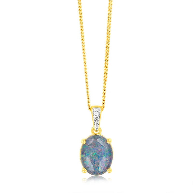 Women’s modern necklace-9ct Yellow Gold Oval Triplet Opal Diamond Pendant