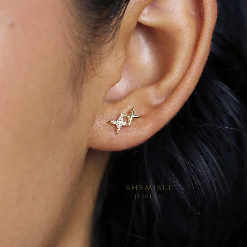 Women’s vintage earrings-Double Star Studs Earrings, Starburst Pave CZ Studs, Tiny Celestial, Dainty Stacking Earrings, Gold, Silver SHEMISLI SS038