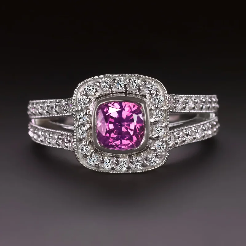 Women’s halo setting engagement ring-PINK SAPPHIRE DIAMOND COCKTAIL RING CUSHION CUT HALO SPLIT SHANK 14k WHITE GOLD