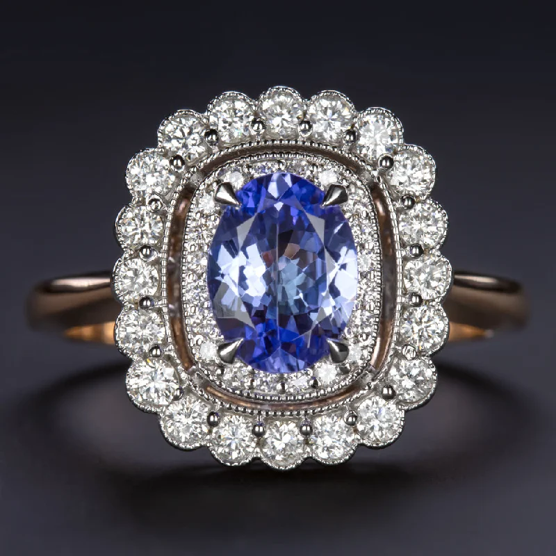 Women’s emerald engagement ring-1ct BLUE TANZANITE DIAMOND COCKTAIL RING VINTAGE STYLE DOUBLE HALO 14k ROSE GOLD