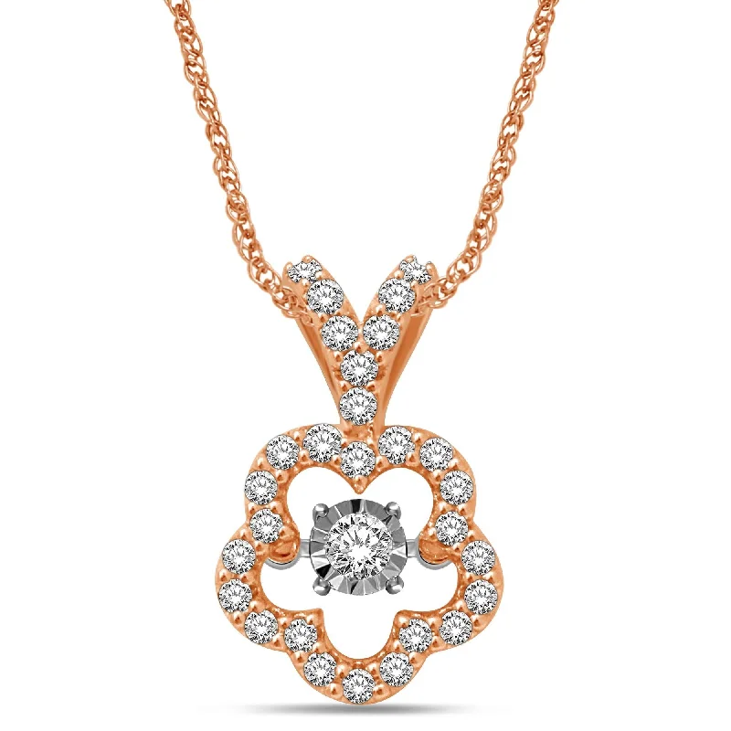 Women’s engraved necklace-10K Rose Gold 1/3 Ctw Flower Shape Moving Diamond Pendant