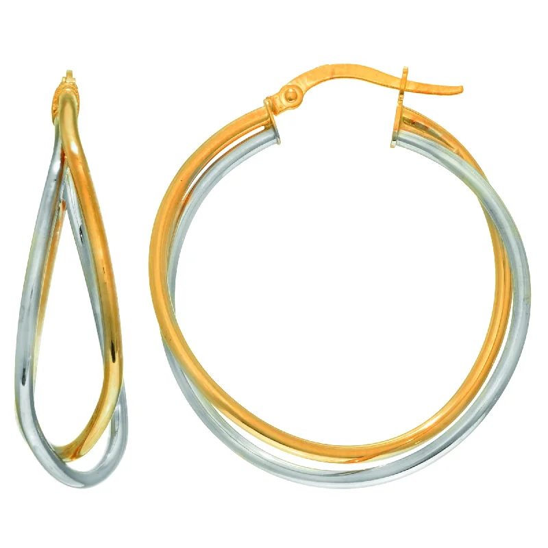 Women’s large hoop earrings-14K Yellow And White Gold Criss Cross Double Row Hoop Earrings, Diameter 30mm