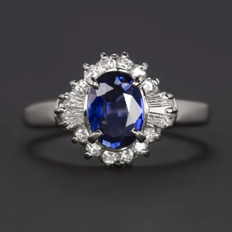 Women’s cushion diamond engagement ring-1.31ct SAPPHIRE DIAMOND COCKTAIL RING PLATINUM HALO NATURAL OVAL SHAPE BLUE 1ct