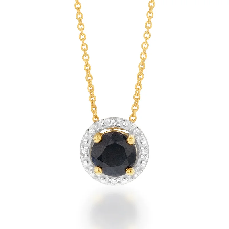 Women’s gold choker necklace-9ct Yellow Gold Natural Sapphire and Diamond Halo Pendant on 45cm Chain