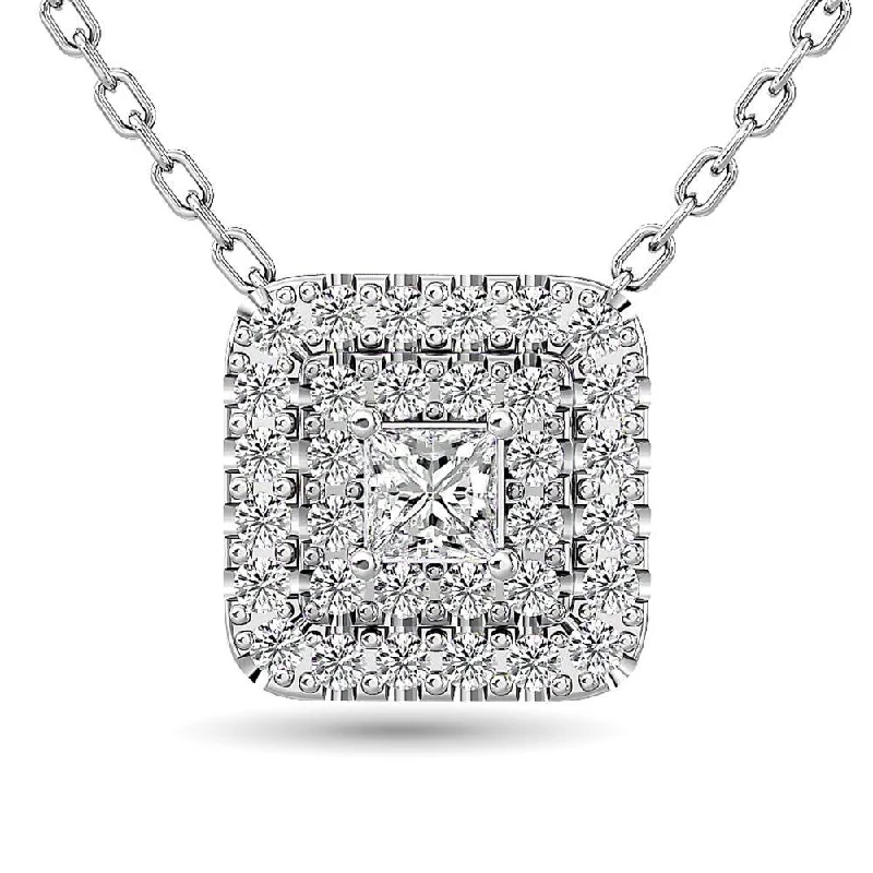 Women’s round pendant necklace-Diamond Princess Cut Double Halo Pendant 3/8 ct tw in 14K White Gold