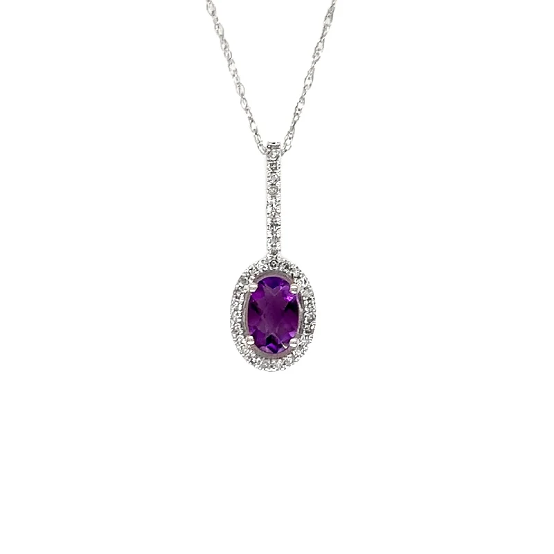 Women’s spiritual necklace-14K White Gold Amethyst and Diamond Halo Pendant