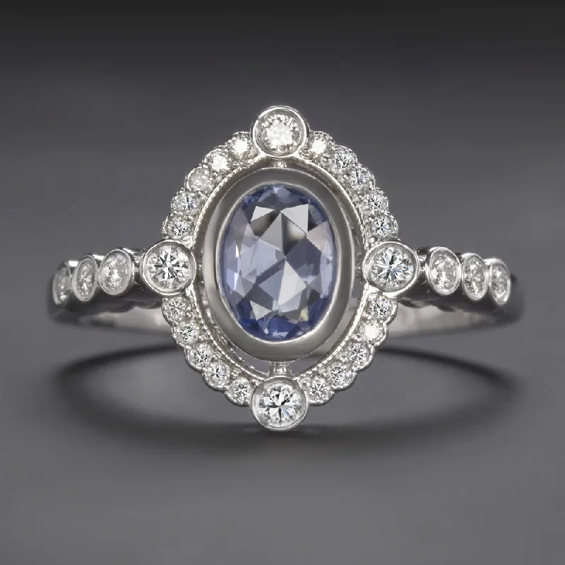 Women’s platinum sapphire engagement ring-SAPPHIRE DIAMOND VINTAGE STYLE COCKTAIL RING WHITE GOLD ROSE CUT HALO NATURAL