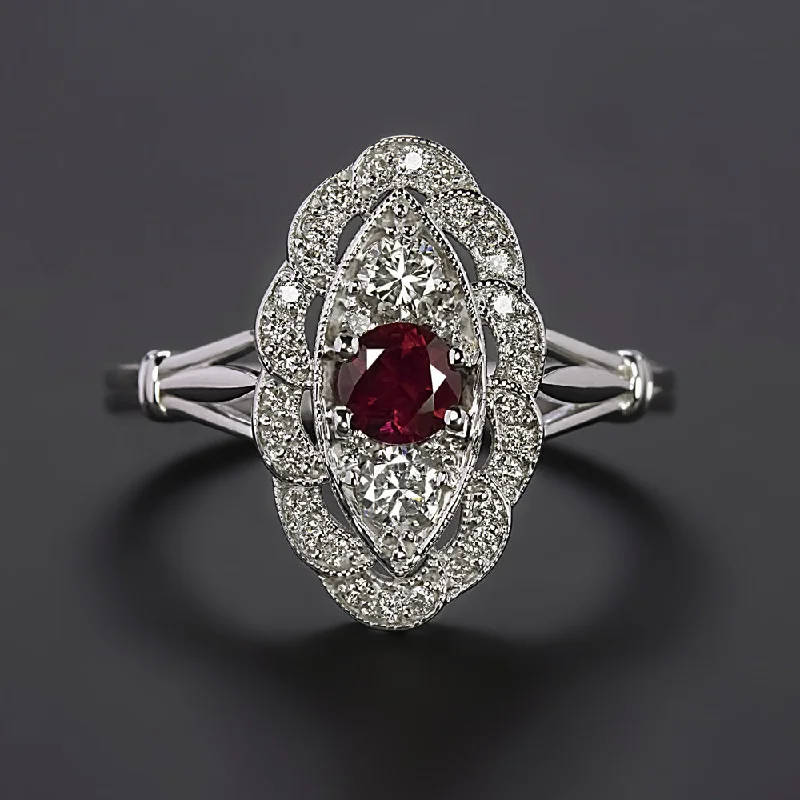 Women’s multi-stone engagement ring-VINTAGE STYLE RUBY DIAMOND COCKTAIL RING 14k WHITE GOLD NAVETTE HALO NATURAL