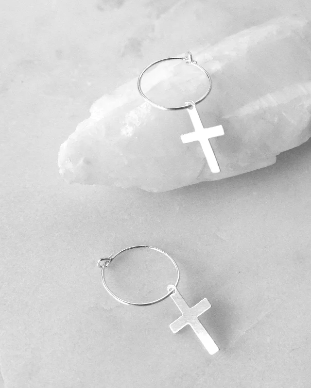 Women’s flower earrings-Cross Hoop Earrings  - Sterling Silver