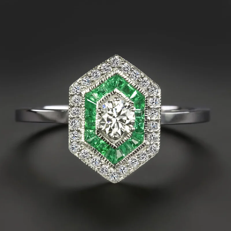 Women’s classic three-stone engagement ring-DIAMOND EMERALD ART DECO STYLE COCKTAIL RING HEXAGON DOUBLE HALO 14k WHITE GOLD