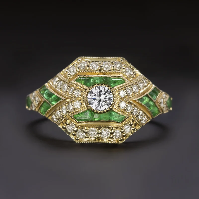 Women’s modern engagement ring-EMERALD DIAMOND ART DECO STYLE RING 14k YELLOW GOLD NATURAL COCKTAIL VINTAGE