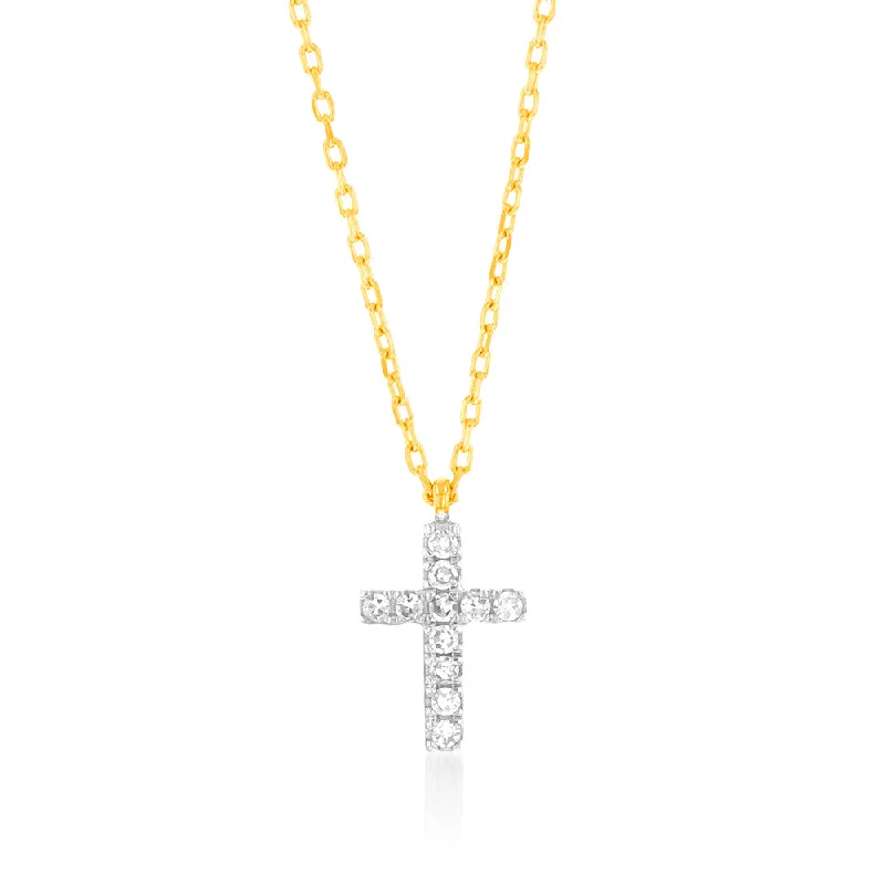 Women’s elegant necklace-Luminesce Lab Diamond Petite Cross Pendant 9ct Yellow Gold on Adjustable 45cm Chain