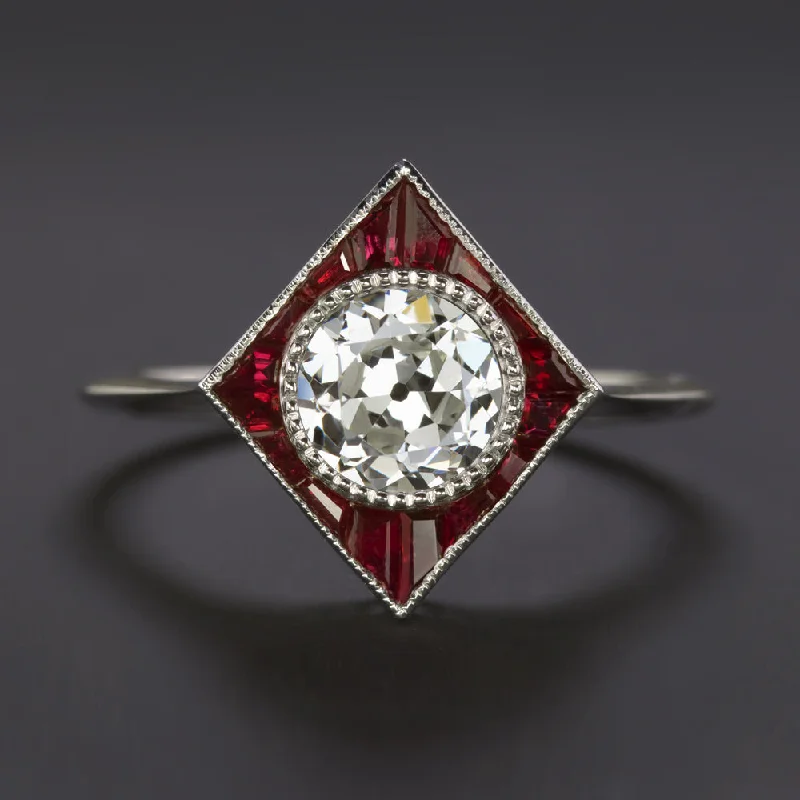 Women’s antique engagement ring-1ct OLD EUROPEAN CUT DIAMOND RUBY RING GIA CERTIFIED COCKTAIL 14k WHITE GOLD