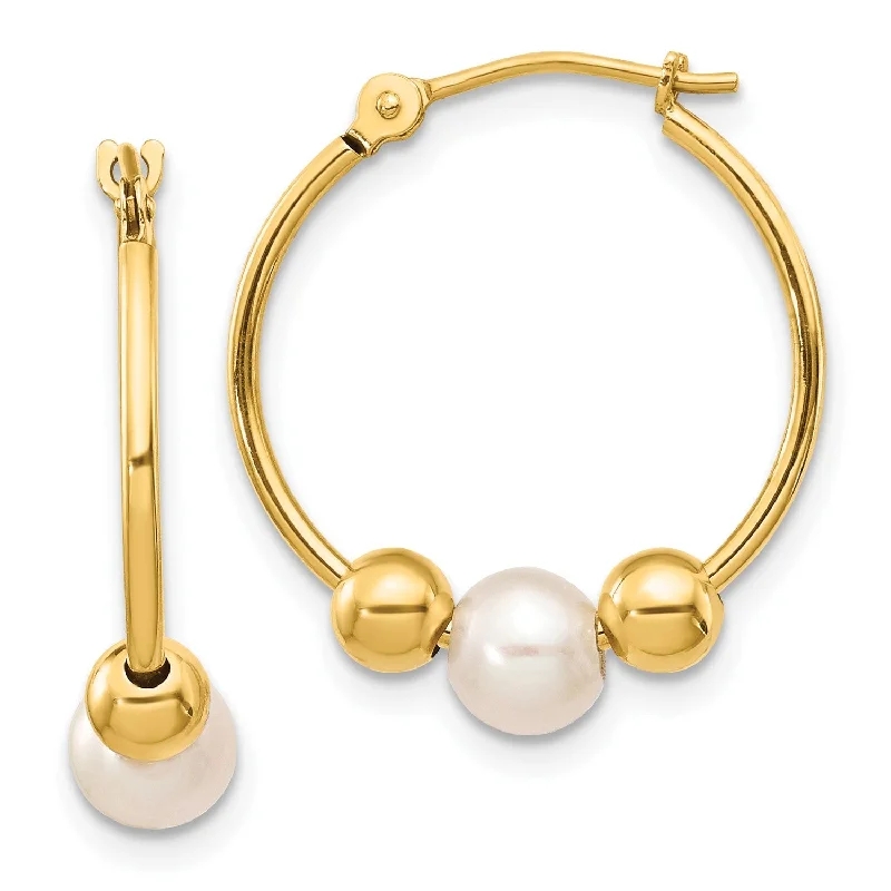 Women’s high-end earrings-14k Real Yellow Gold 6mm Freshwater Cultured Pearl Hoop Earring, 19mm Diameter