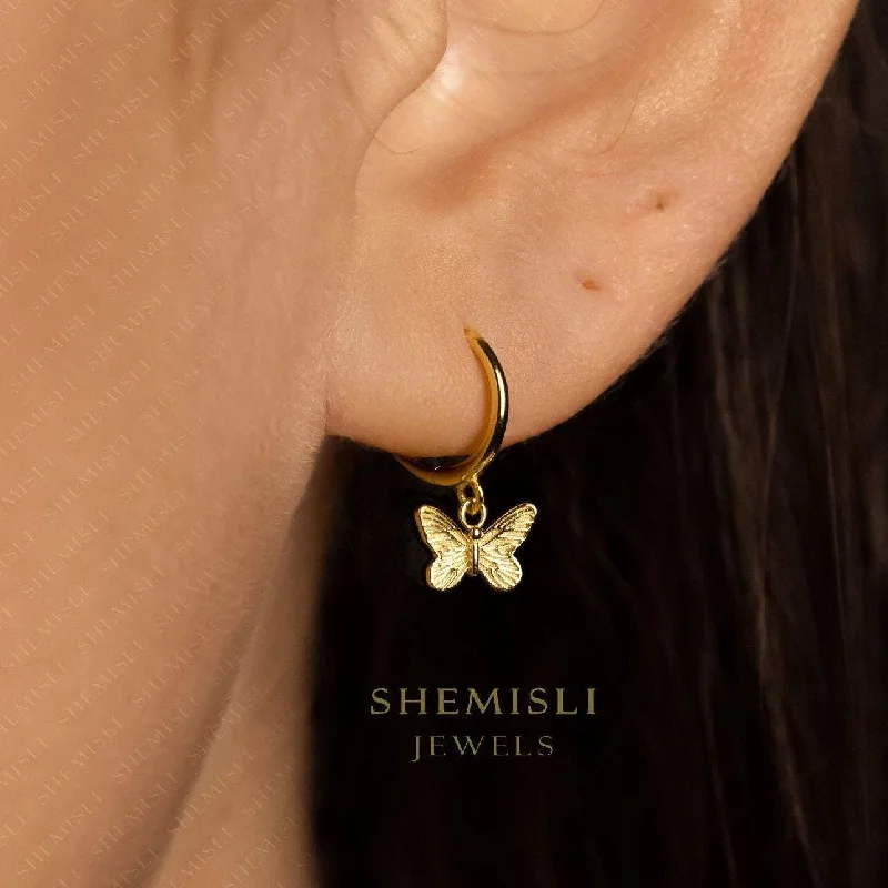 Women’s statement gemstone earrings-Engraved Small Butterfly Dangle Hoop Earrings, Dainty Drop Huggies, Gold, Silver SHEMISLI SH494