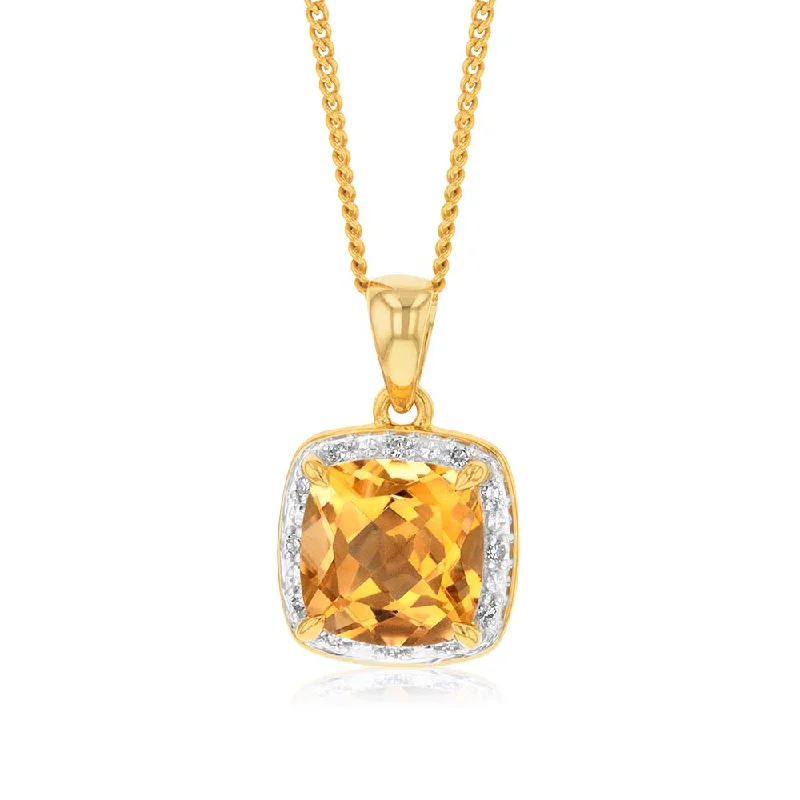 Women’s double chain necklace-9ct Yellow Gold 2ct Citrine and Diamond Cushion Cut Pendant