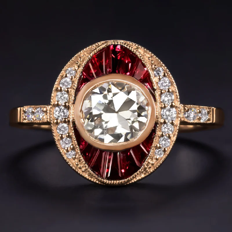 Women’s gold engagement ring-1.59ct OLD EUROPEAN CUT DIAMOND RUBY COCKTAIL RING 14k ROSE GOLD VINTAGE STYLE