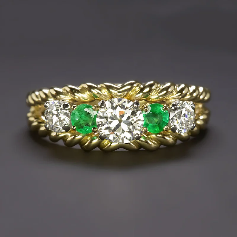 Women’s dazzling engagement ring-1.40ct VINTAGE DIAMOND EMERALD COCKTAIL RING 18k YELLOW GOLD OLD CUT MID CENTURY