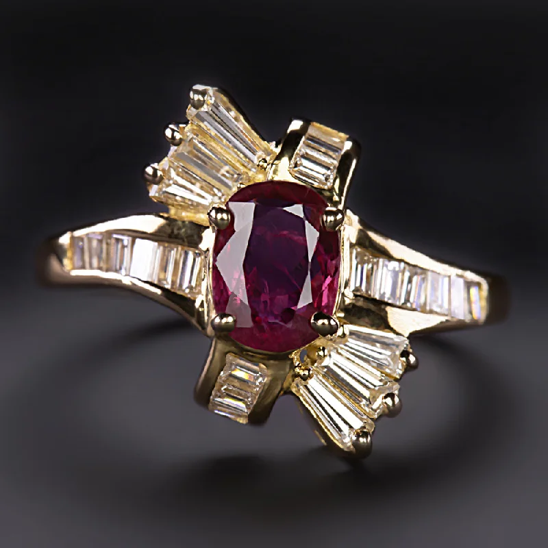 Women’s high-end engagement ring-RUBY DIAMOND COCKTAIL RING 18k YELLOW GOLD NATURAL BYPASS OVAL BAGUETTE ESTATE