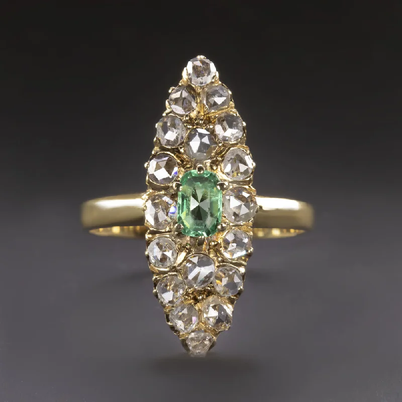 Women’s gold band engagement ring-ANTIQUE NAVETTE RING EMERALD DIAMOND VICTORIAN 18k YELLOW GOLD COCKTAIL NATURAL