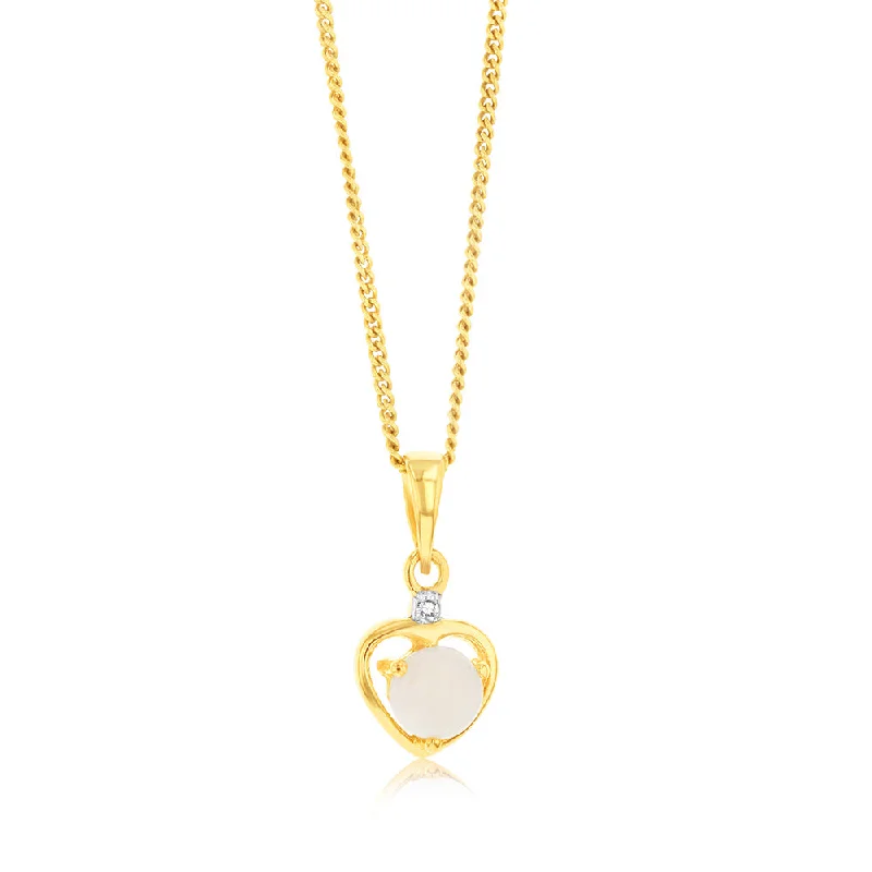 Women’s black diamond necklace-Natural Round 5mm Opal Heart Shaped Diamond Pendant in 9ct Yellow Gold