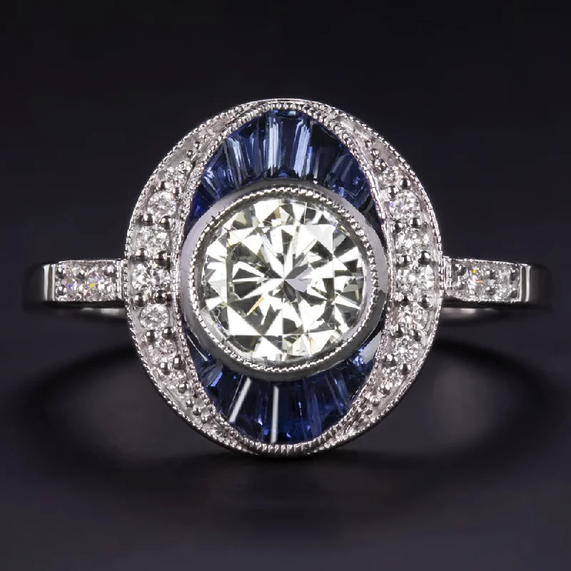 Women’s unique sapphire engagement ring-DIAMOND SAPPHIRE COCKTAIL RING VINTAGE STYLE 14k WHITE GOLD ROUND CUT HALO BEZEL