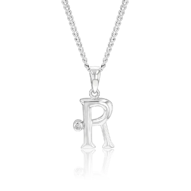 Women’s chunky gold necklace-Silver Pendant Initial R set with Diamond