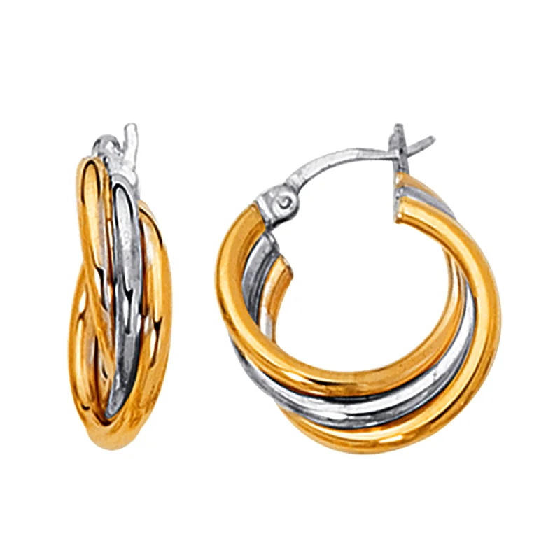 Women’s dangling crystal earrings-14K Yellow And White Gold Two Tone Triple Row Hoop Earrings, Diameter 20mm