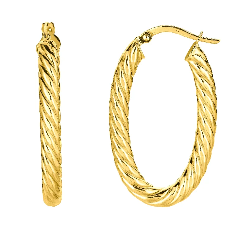 Women’s fashion earrings-14K Yellow Gold Shiny Oval Shape Twists Hoop Earrings, Length 35mm