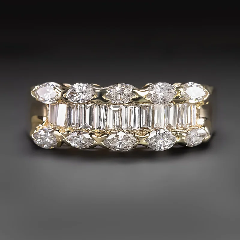 Women’s emerald-cut diamond engagement ring-1.5 CARAT DIAMOND COCKTAIL BAND BAGUETTE MARQUISE 3 ROW 14k YELLOW GOLD NATURAL