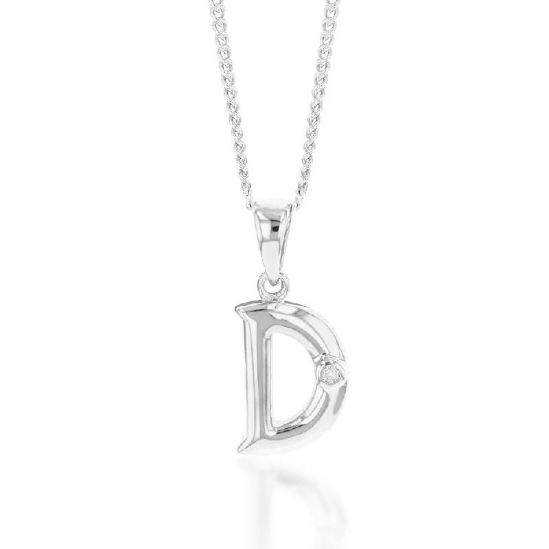 Women’s engraved gold necklace-Silver Pendant Initial D set with Diamond