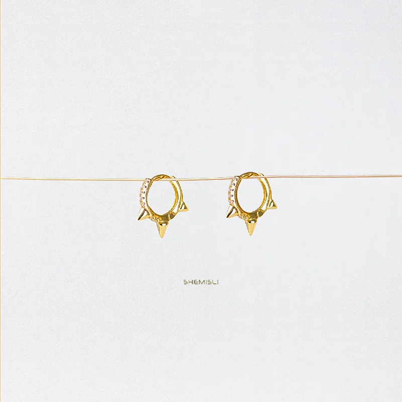 Women’s gemstone stud earrings-Spike CZ Hoop Earrings, Huggies, Gold, Silver SHEMISLI SH095