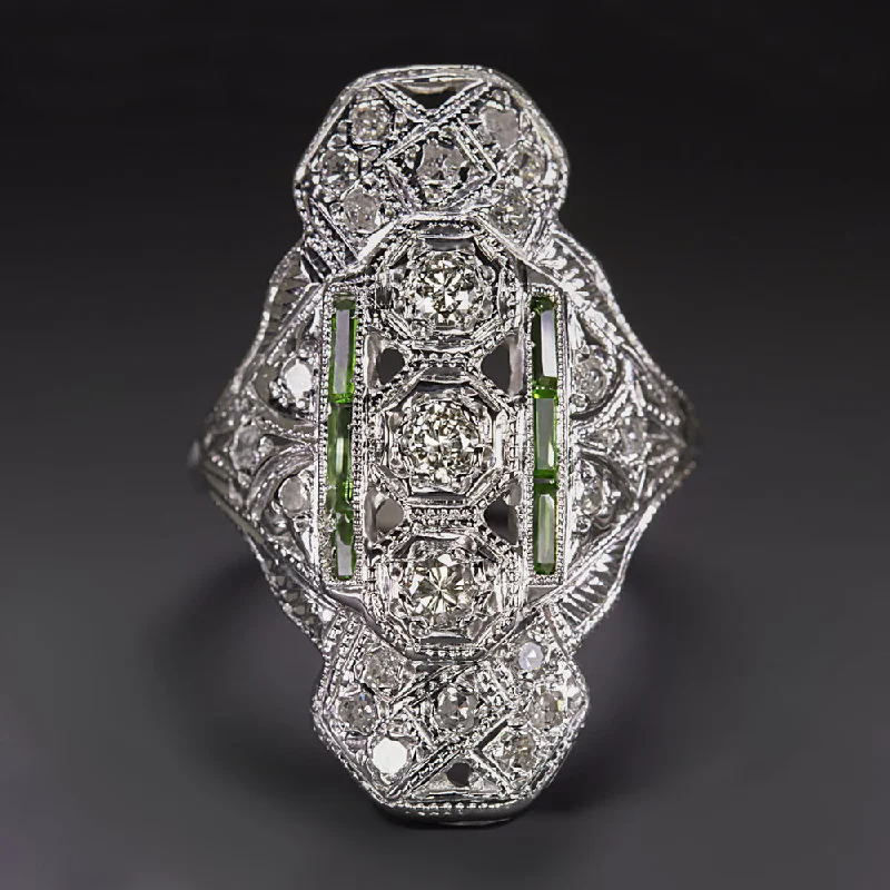 Women’s timeless engagement ring-VINTAGE DIAMOND EMERALD COCKTAIL RING ART DECO GEOMETRIC STATEMENT WHITE GOLD