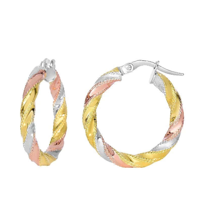 Women’s gemstone stud earrings-14K Yellow And White Rose Gold Twisted Round Hoop Earrings, Diameter 20mm