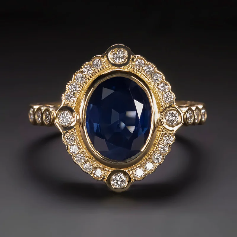 Women’s two-tone engagement ring-SAPPHIRE DIAMOND COCKTAIL RING VINTAGE STYLE 2.79ct SCALLOP HALO 14k YELLOW GOLD