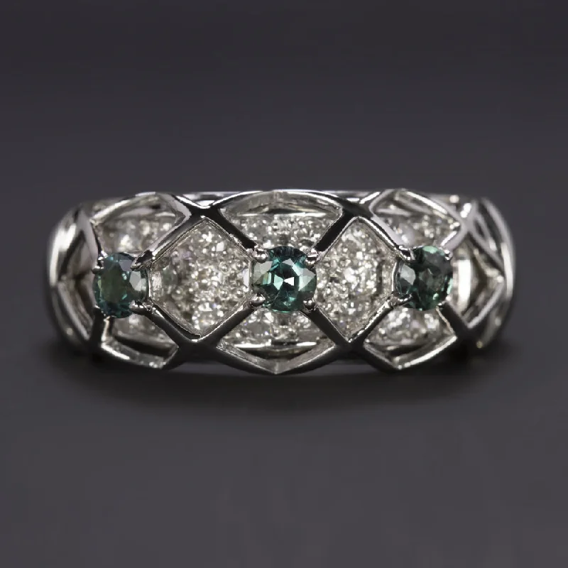 Women’s halo sapphire engagement ring-DIAMOND ALEXANDRITE PLATINUM COCKTAIL RING WIDE BAND TEAL COLOR CHANGE NATURAL