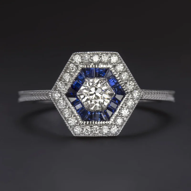 Women’s custom wedding and engagement ring-DIAMOND SAPPHIRE RING OLD EUROPEAN CUT ART DECO VINTAGE STYLE HALO WHITE GOLD