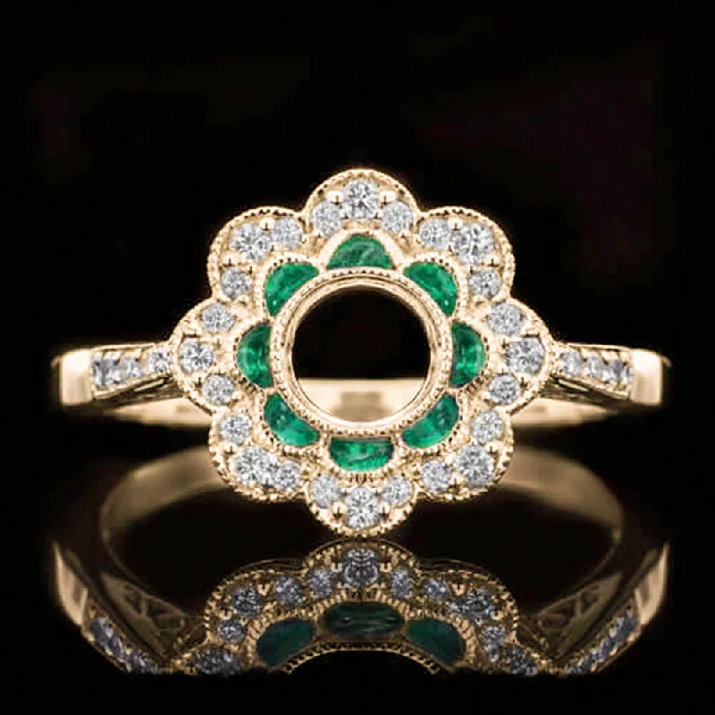 Women’s elegant engagement ring-DIAMOND EMERALD FLOWER HALO RING SETTING 4.5mm MOUNT VINTAGE STYLE YELLOW GOLD