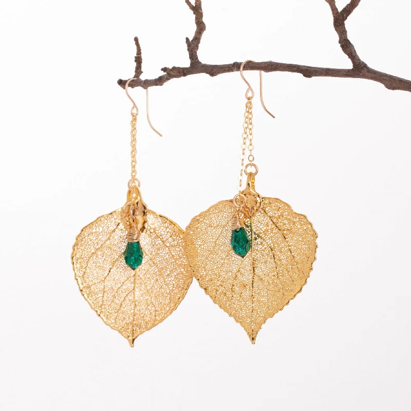 Women’s gold earrings-Aspen Leaf Earrings with Custom Birthstone