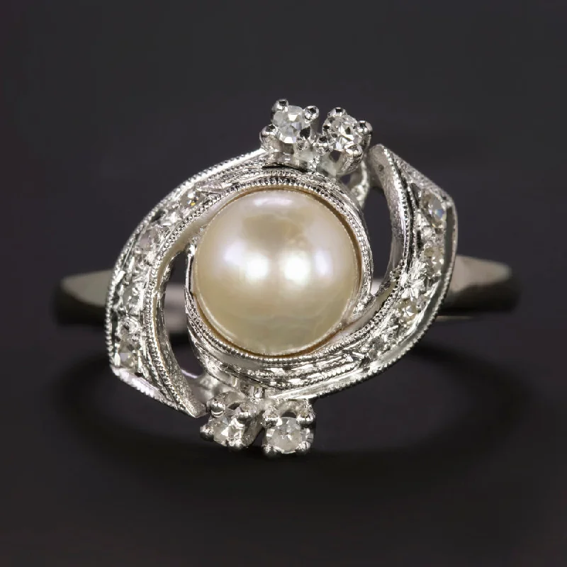 Women’s custom diamond engagement ring-VINTAGE PEARL DIAMOND  RING MID CENTURY COCKTAIL 14k WHITE GOLD NATURAL BYPASS