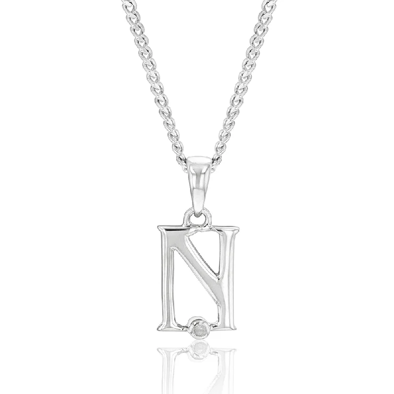 Women’s pearl pendant necklace-Silver Pendant Initial N set with Diamond