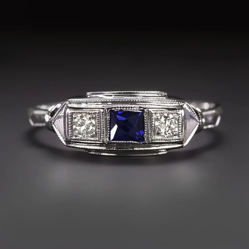 Women’s floral diamond engagement ring-VINTAGE SAPPHIRE DIAMOND COCKTAIL RING FRENCH CUT 14k WHITE GOLD 3 STONE ESTATE