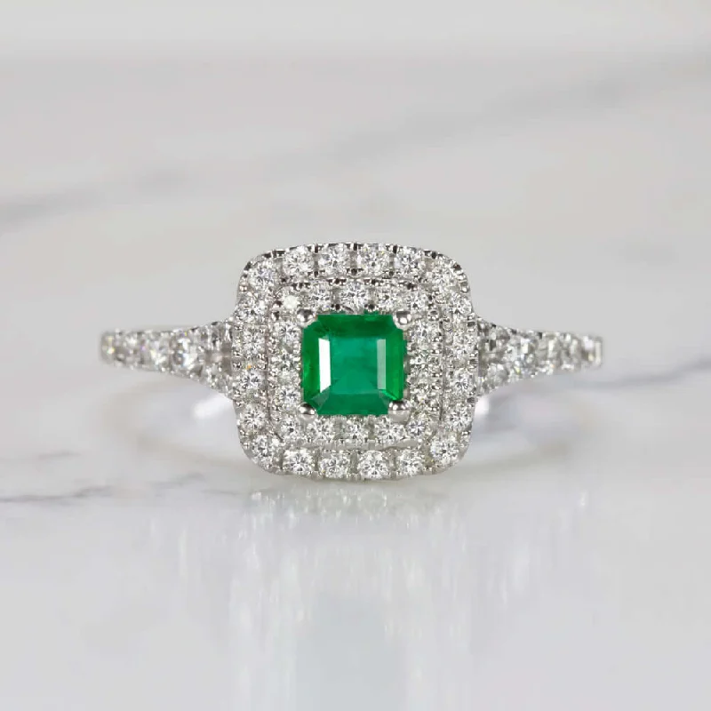 Women’s emerald cut engagement ring-EMERALD EXCELLENT CUT F-G VS DIAMOND COCKTAIL RING DOUBLE HALO 14k WHITE GOLD