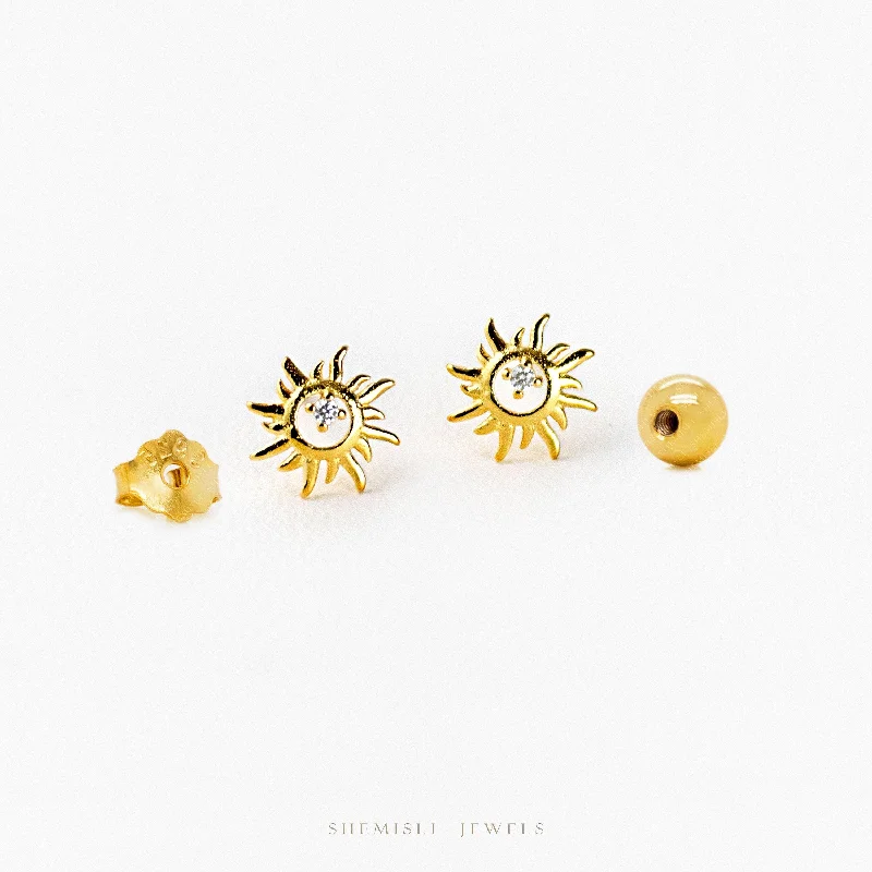 Women’s fashion statement earrings-Tiny CZ Sun Studs Earrings, Starburst Studs, Unisex, Gold, Silver SHEMISLI SS031 Butterfly End, SS795 Screw Ball End (Type A)