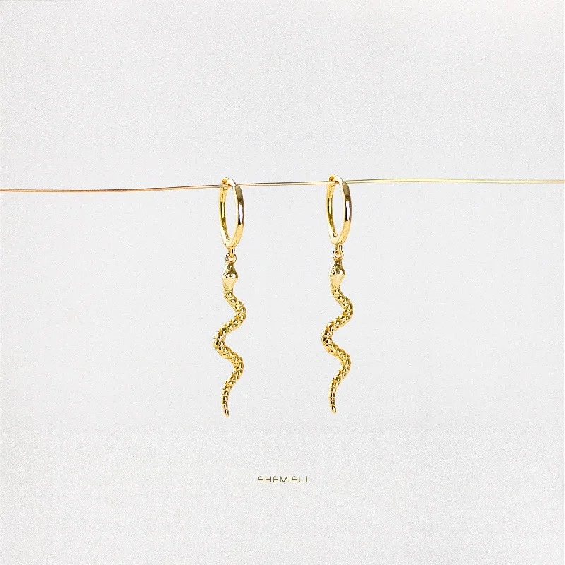 Women’s luxury hoop earrings-Serpent Dangle Hoop Earrings, Snake Huggies, Gold, Silver SHEMISLI - SH108 LR