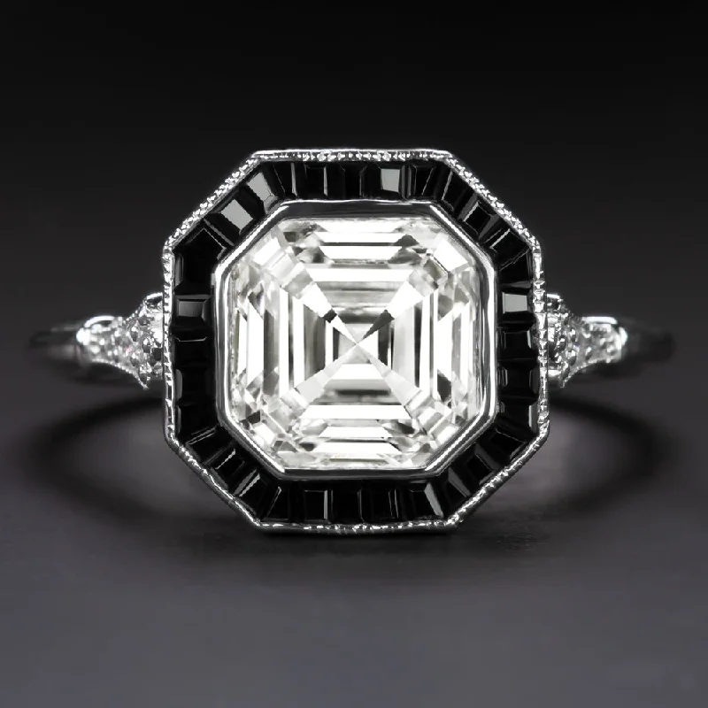 Women’s solitaire engagement ring-2.30ct LAB CREATED DIAMOND BLACK ONYX RING ASSCHER VINTAGE STYLE 14k WHITE GOLD