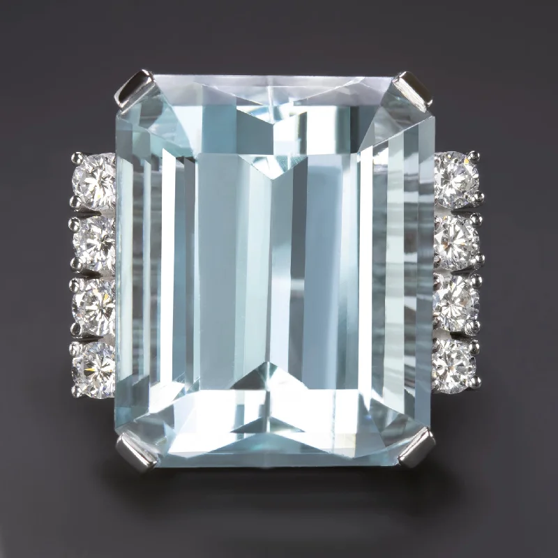 Women’s classic oval engagement ring-28 CARAT VINTAGE AQUAMARINE DIAMOND COCKTAIL RING EMERALD CUT 14k WHITE GOLD