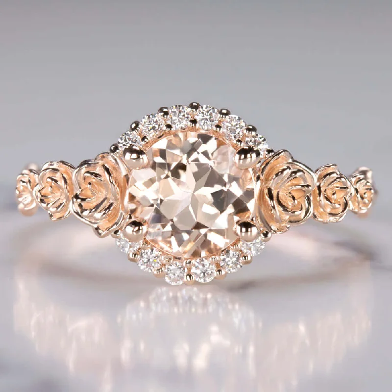 Women’s engraved wedding and engagement ring-MORGANITE DIAMOND 14K ROSE GOLD RING BRANCH FLOWER RUSTIC PINK PEACH ROUND CUT