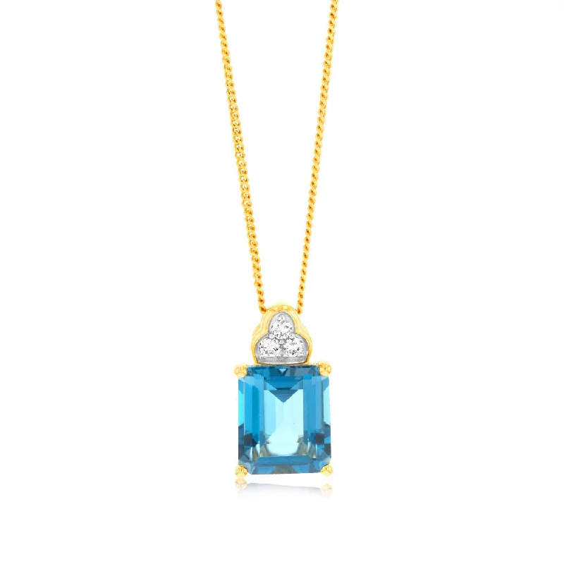 Women’s custom necklace-9ct Gold 5.6ct London Blue Topaz in Emerald Cut and 1/10 Carat Diamond Pendant